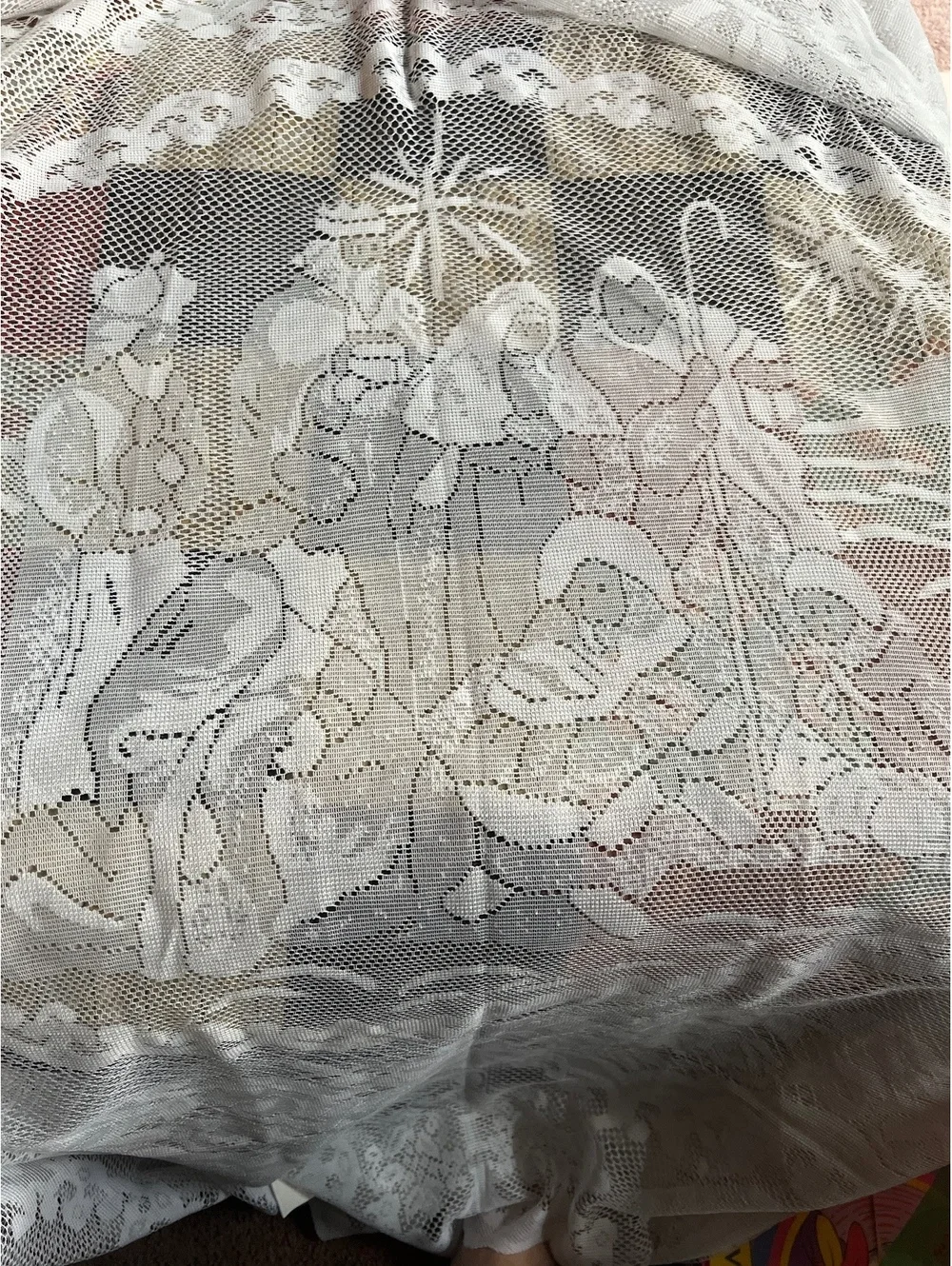 Vintage White Lace Nativity Scene Tablecloth or Decorative Fabric